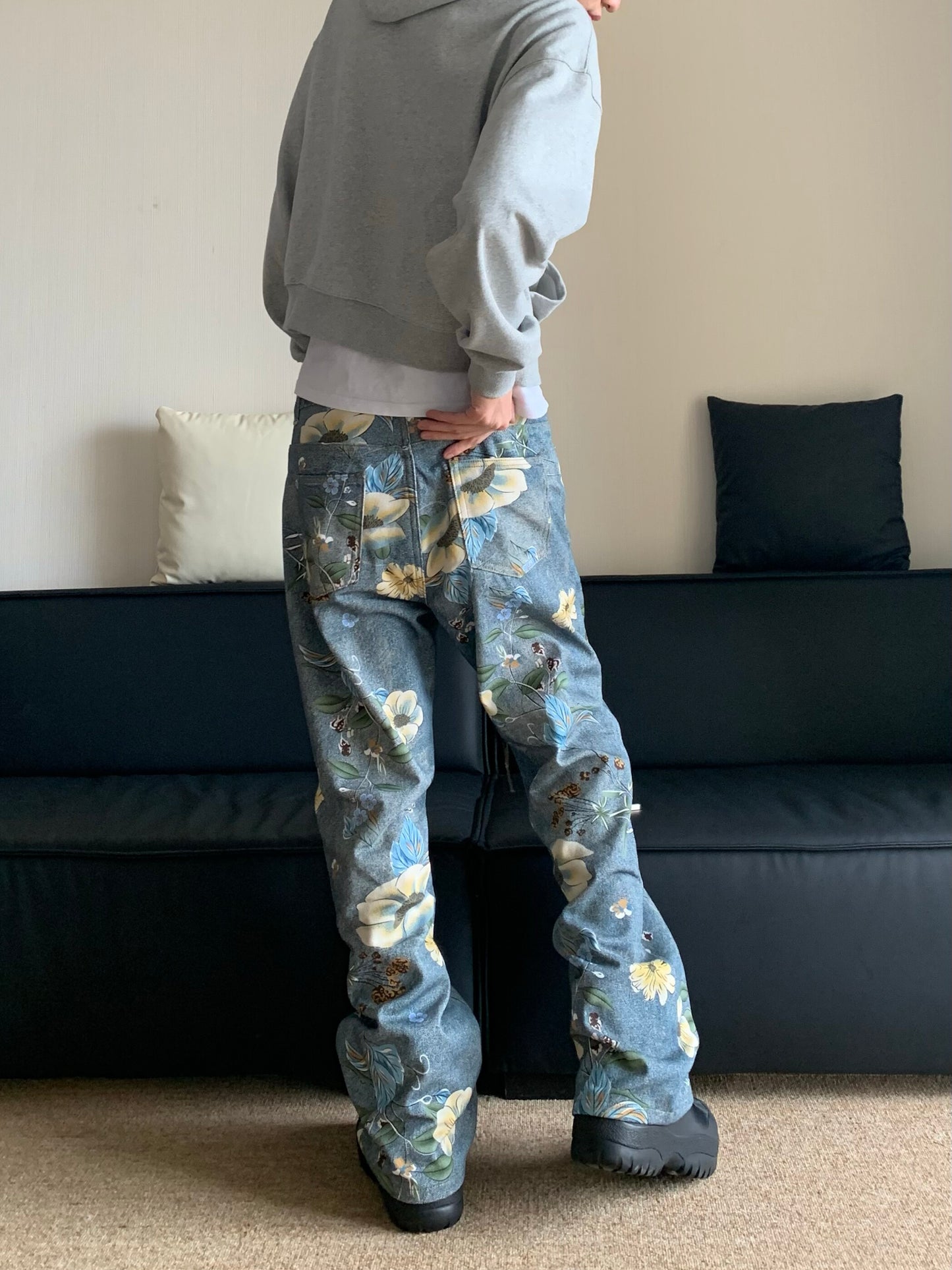 American-Style Floral Print Denim Trousers